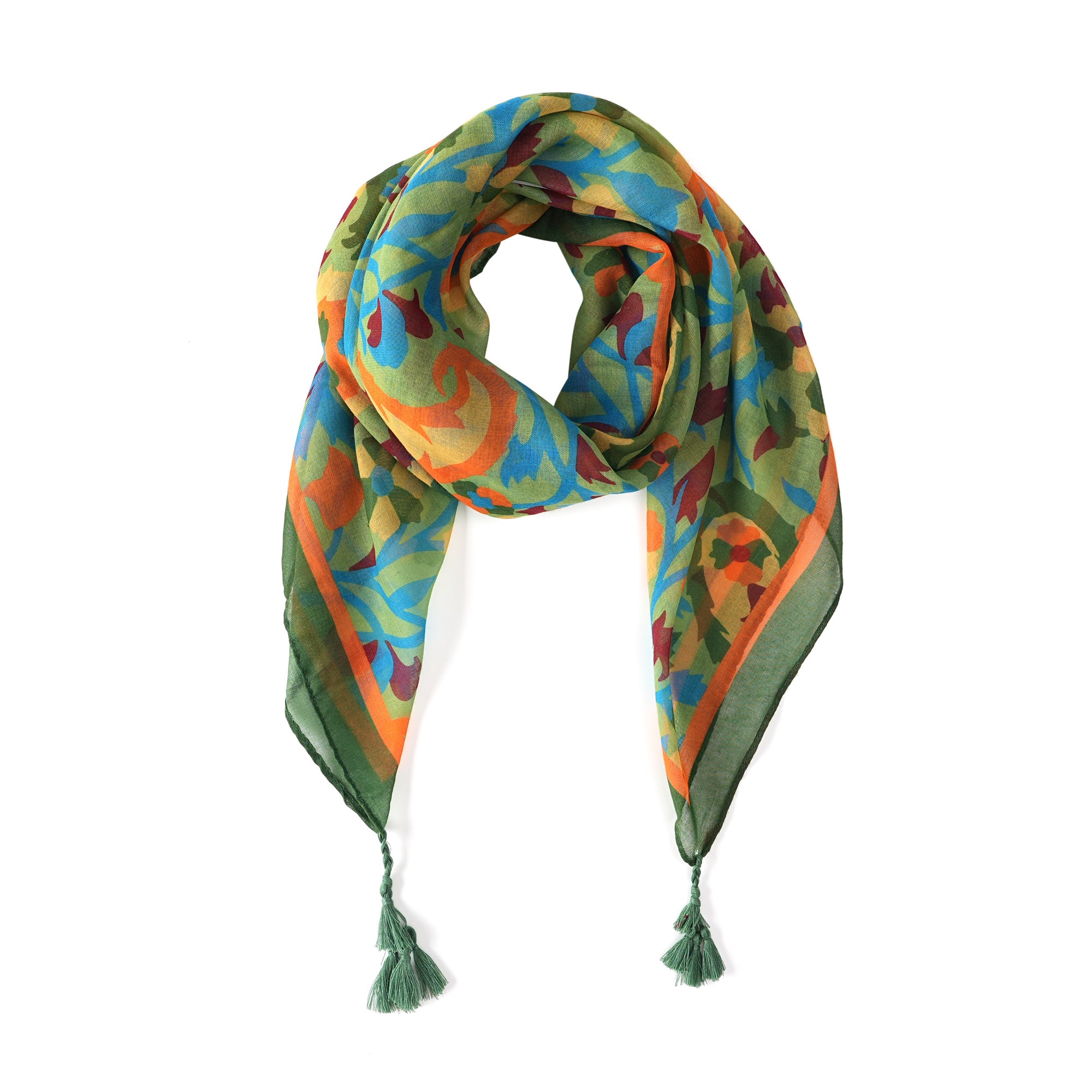 Square scarf with orange and blue paisley florals on green, draped in a loop