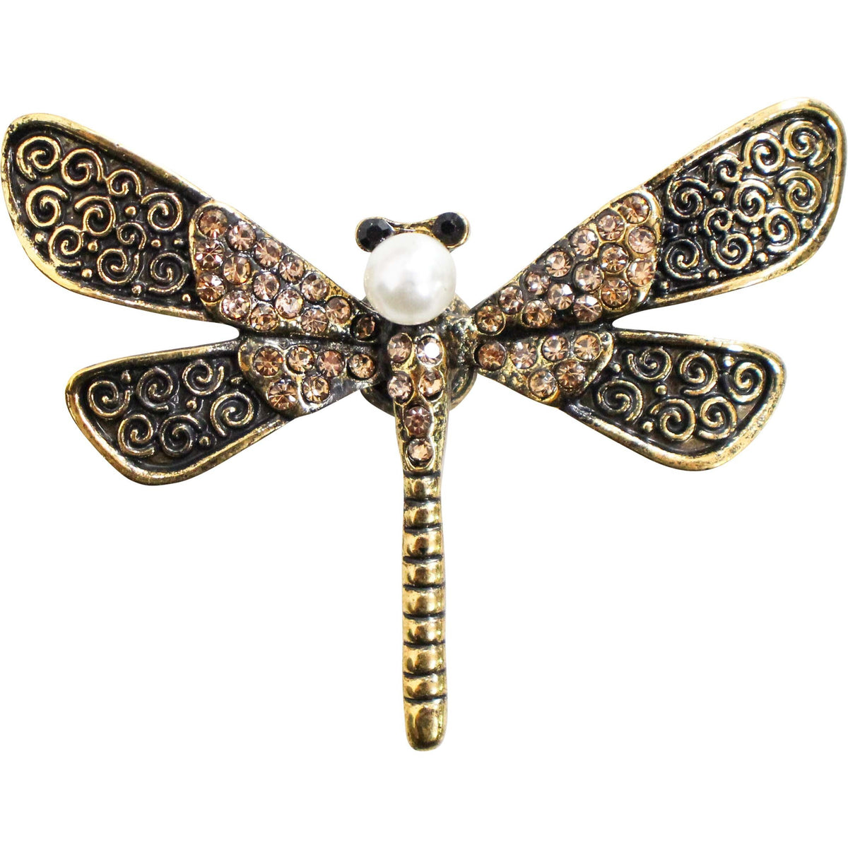 Antique gold-tone dragonfly fridge magnet with swirl-patterned wings, amber-coloured jewels and a pearl-look centre