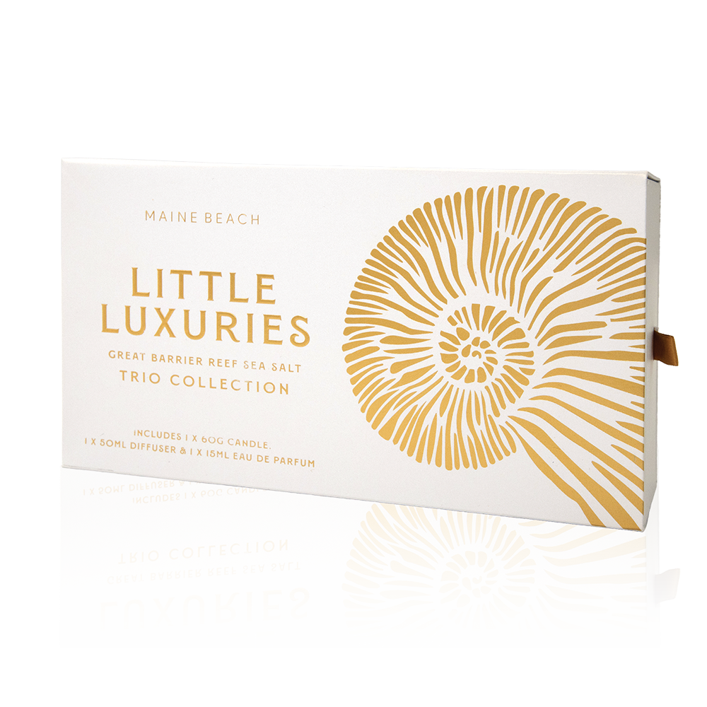 Front of the white and gold Little Luxuries Great Barrier Reef Sea Salt gift box