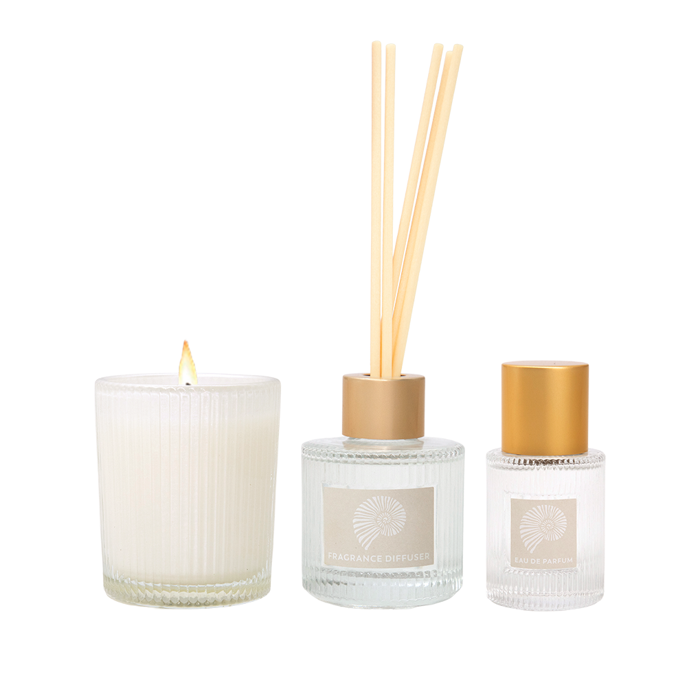 The three pieces in the set: a lit candle in a ribbed glass, a small reed diffuser with a gold collar and a small eau de parfum bottle with a gold cap