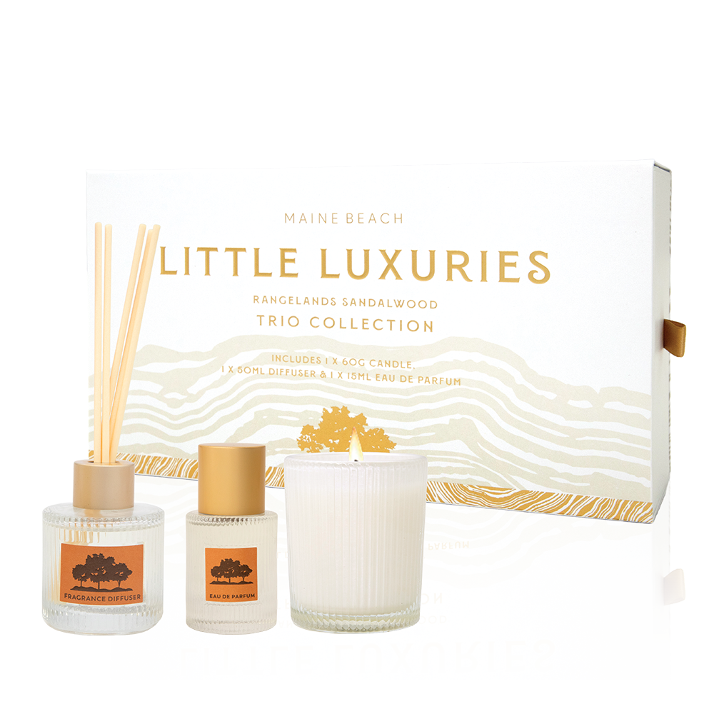 Maine Beach Little Luxuries Rangelands Sandalwood gift box with a reed diffuser, eau de parfum and candle in front