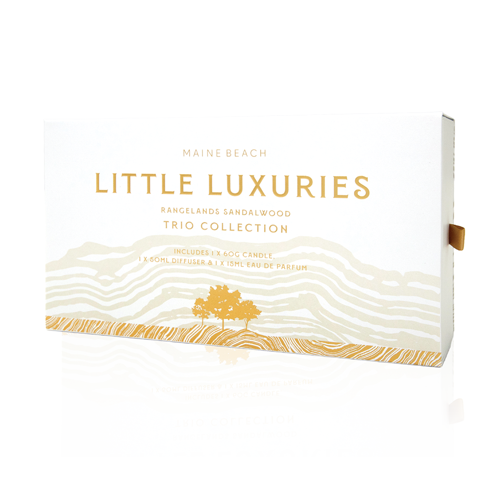 Front of the white and gold Little Luxuries Rangelands Sandalwood gift box