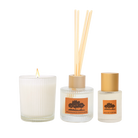 The three pieces in the set: a lit candle in a ribbed glass, a small reed diffuser and a small eau de parfum bottle, the diffuser and perfume with orange Rangelands labels