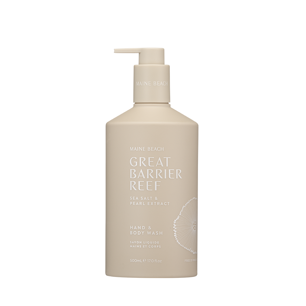 Maine Beach Great Barrier Reef Hand & Body Wash in a 500 mL sand-coloured bottle