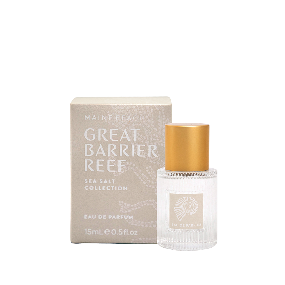 Great Barrier Reef Eau de Parfum 15 mL bottle with a gold cap beside its box