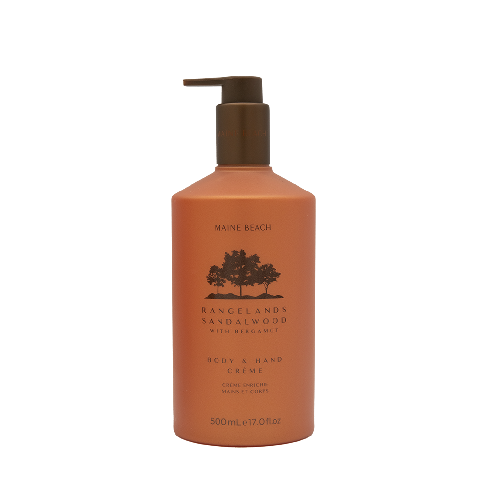 Maine Beach Rangelands Sandalwood Body & Hand Crème in a 500 mL orange pump bottle