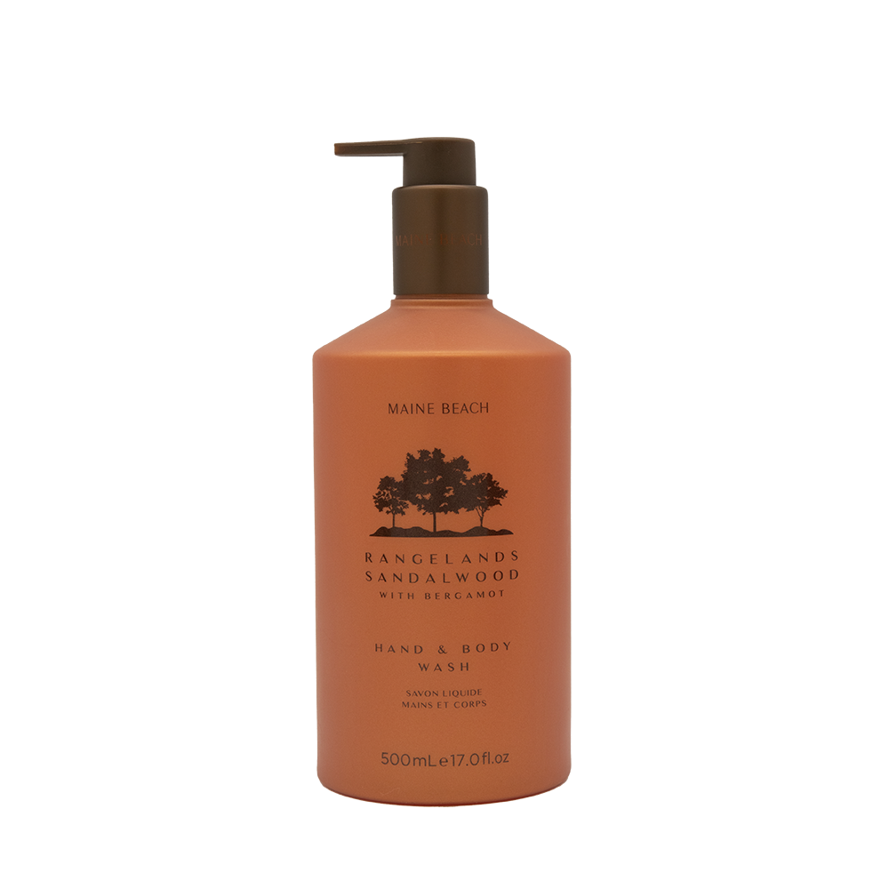 Maine Beach Rangelands Sandalwood Hand & Body Wash in a 500 mL orange pump bottle