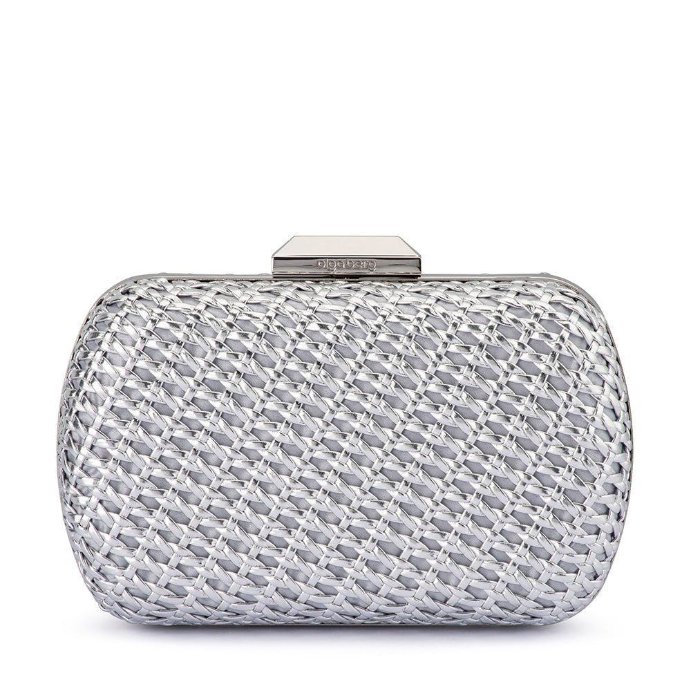 Silver woven clutch from the front, a bevelled silver bar clasp on top