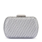 Silver woven clutch from the front, a bevelled silver bar clasp on top