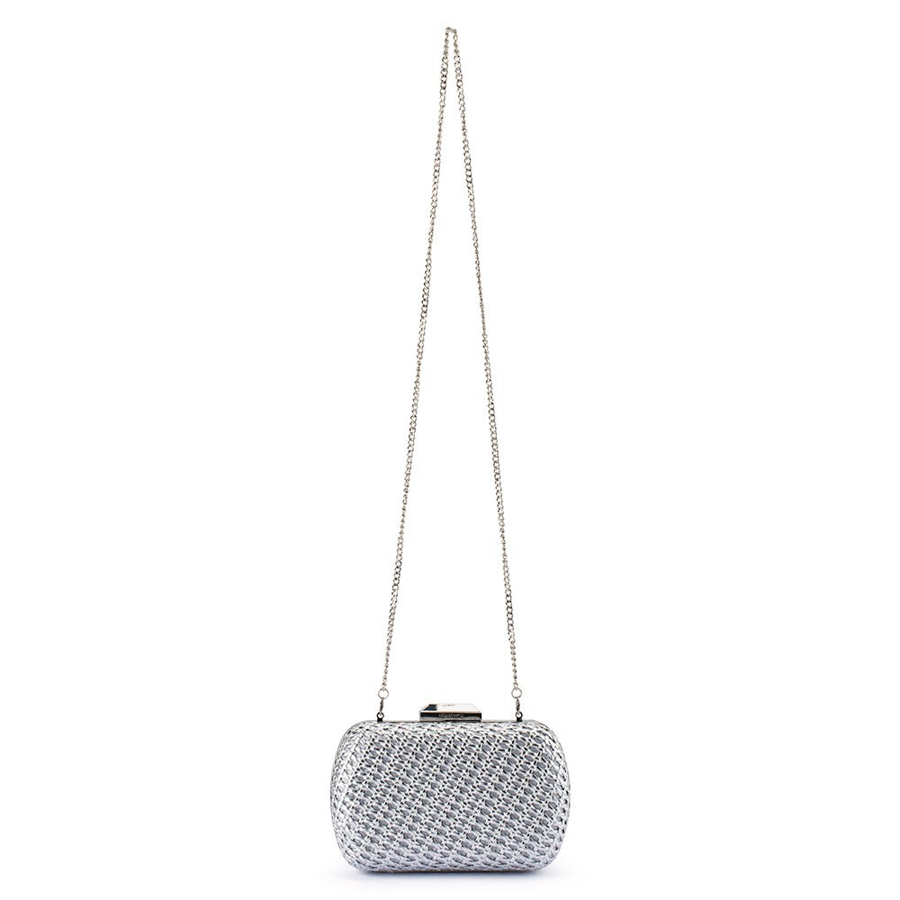The silver clutch hanging from its long silver chain