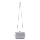 The silver clutch hanging from its long silver chain