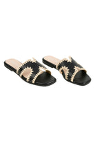 Black Maris slides at an angle, showing the squared open toes