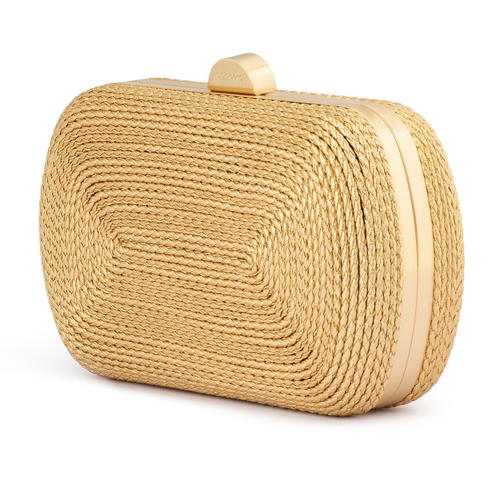 Gold clutch at a three-quarter angle, showing the brushed gold frame along the side