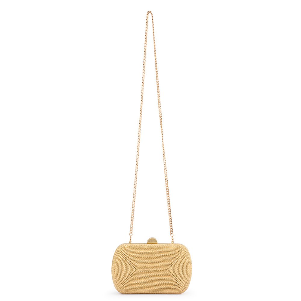 The gold clutch hanging from its long gold chain