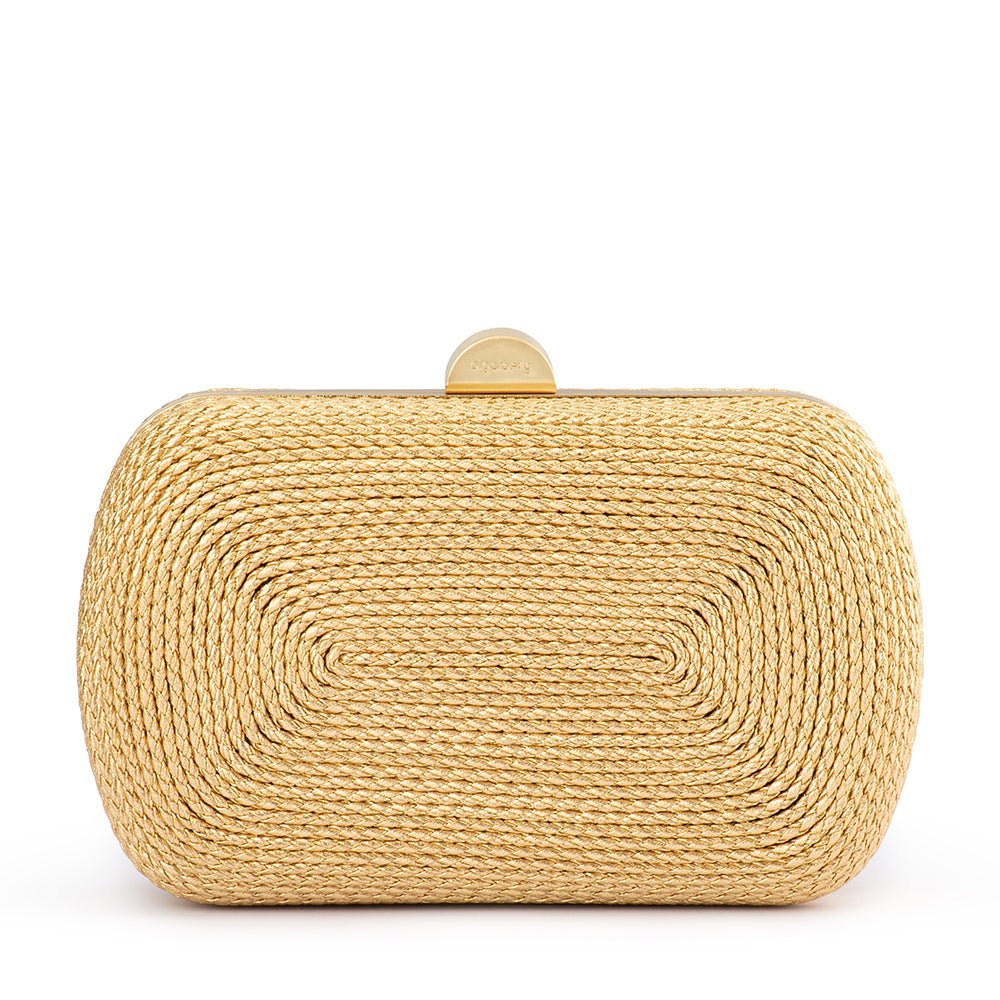 Gold coiled rope clutch from the front, a rounded gold clasp on top