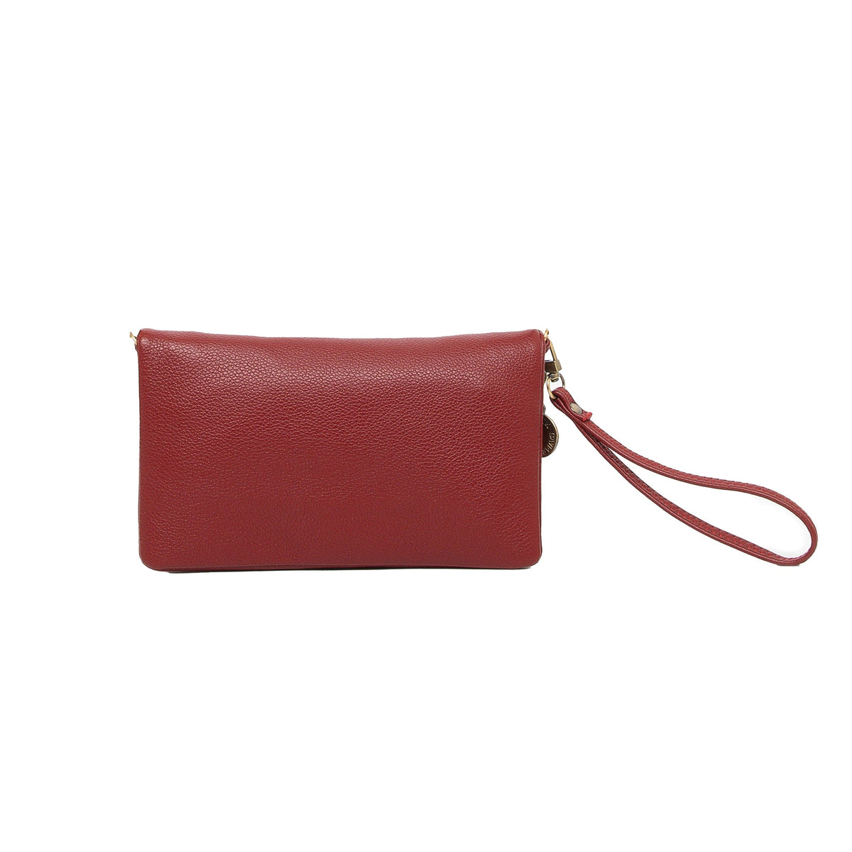 The plain back of the red wallet with its wrist strap and round charm.