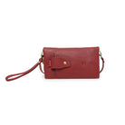 The red wallet from the front, showing the press-stud tab over its outside pocket.