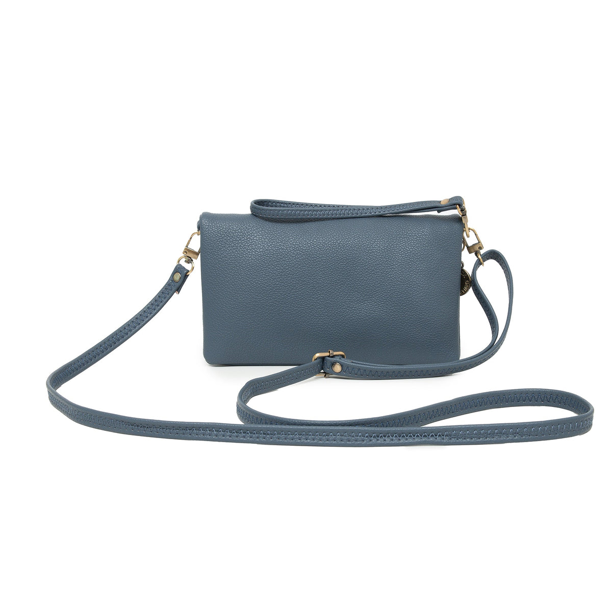 Slate blue pebbled wallet with its wrist strap and long cross body strap attached.