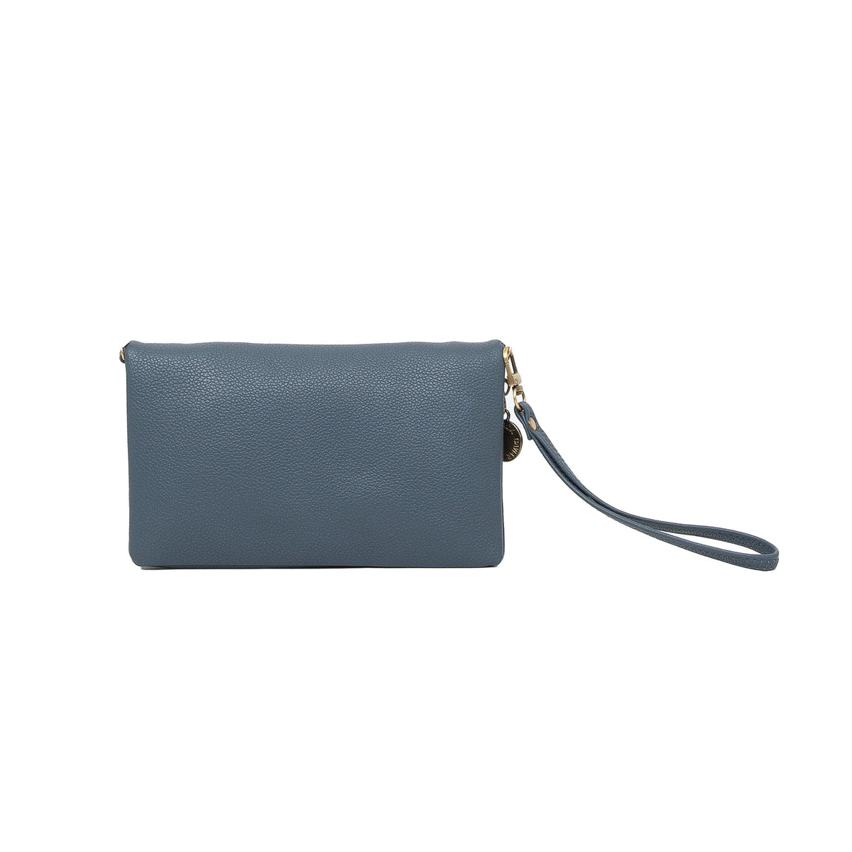 The plain back of the slate blue wallet with its wrist strap and round charm.