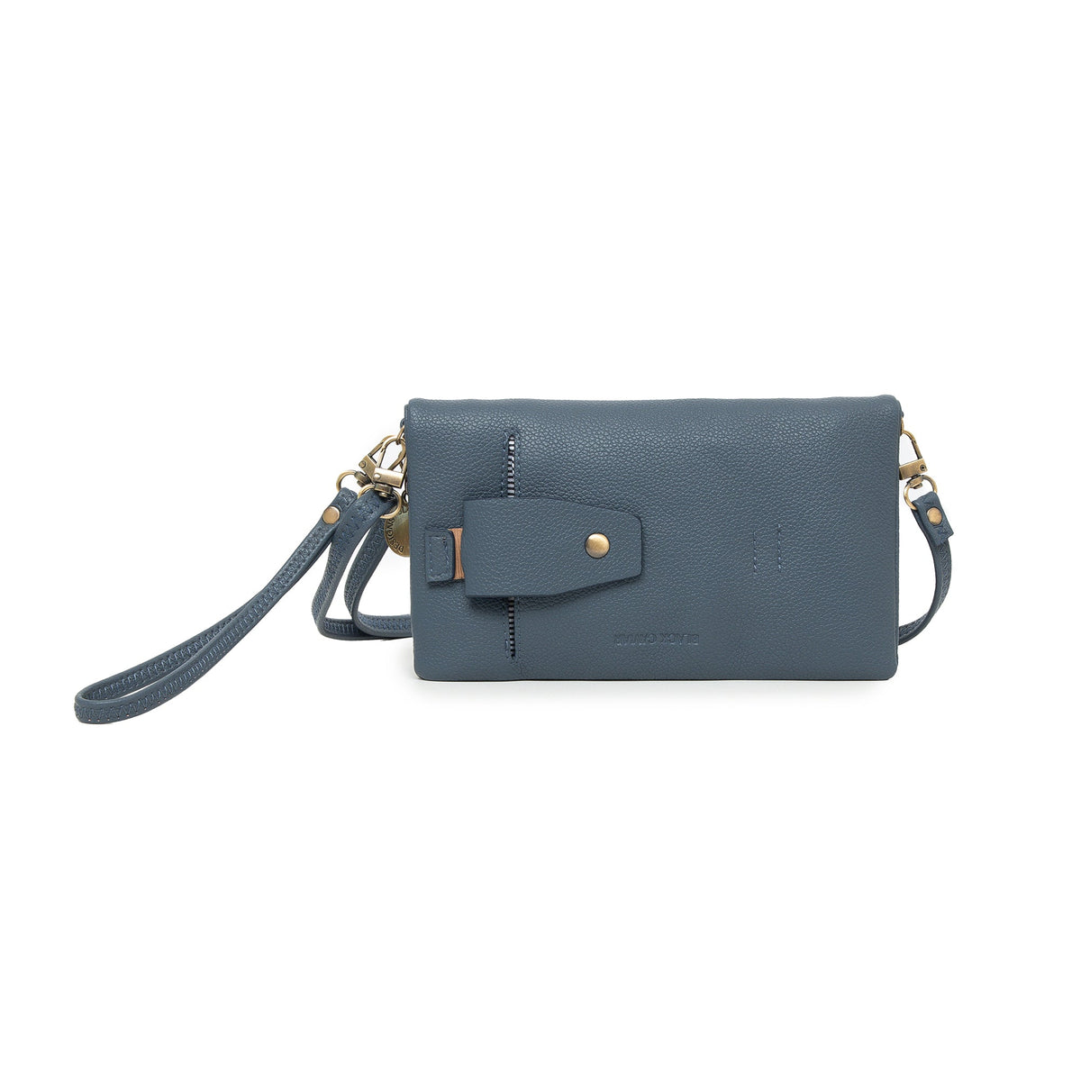 The slate blue wallet from the front, showing the press-stud tab over its outside pocket.