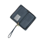 The slate blue wallet unzipped, showing card slots, a clear window and a zipped inner pocket.