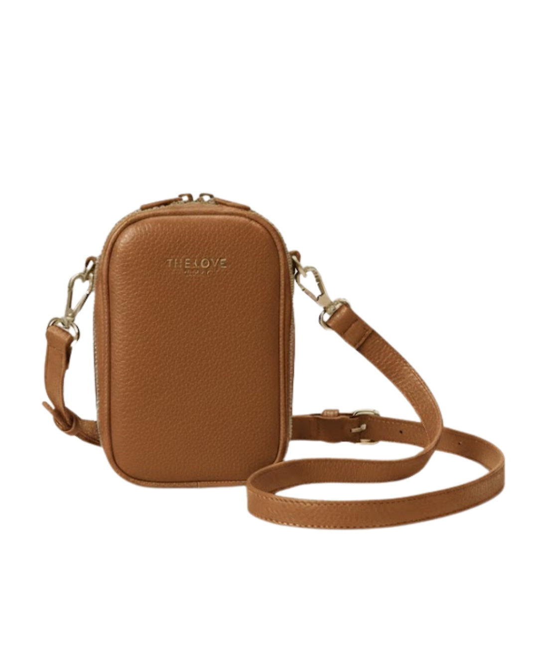 Mel Mini Cross Body Bag in tan: a small phone-sized bag in pebbled leather with twin top zips, gold-tone hardware and an embossed 4THELOVE logo, its long detachable strap coiled beside it.