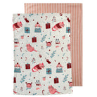 Merry Meow tea towel pair: a Christmas cat print on white and a peach and white stripe