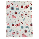 Merry Meow tea towel printed with cats in Christmas jumpers, gifts, candy canes and baubles on white