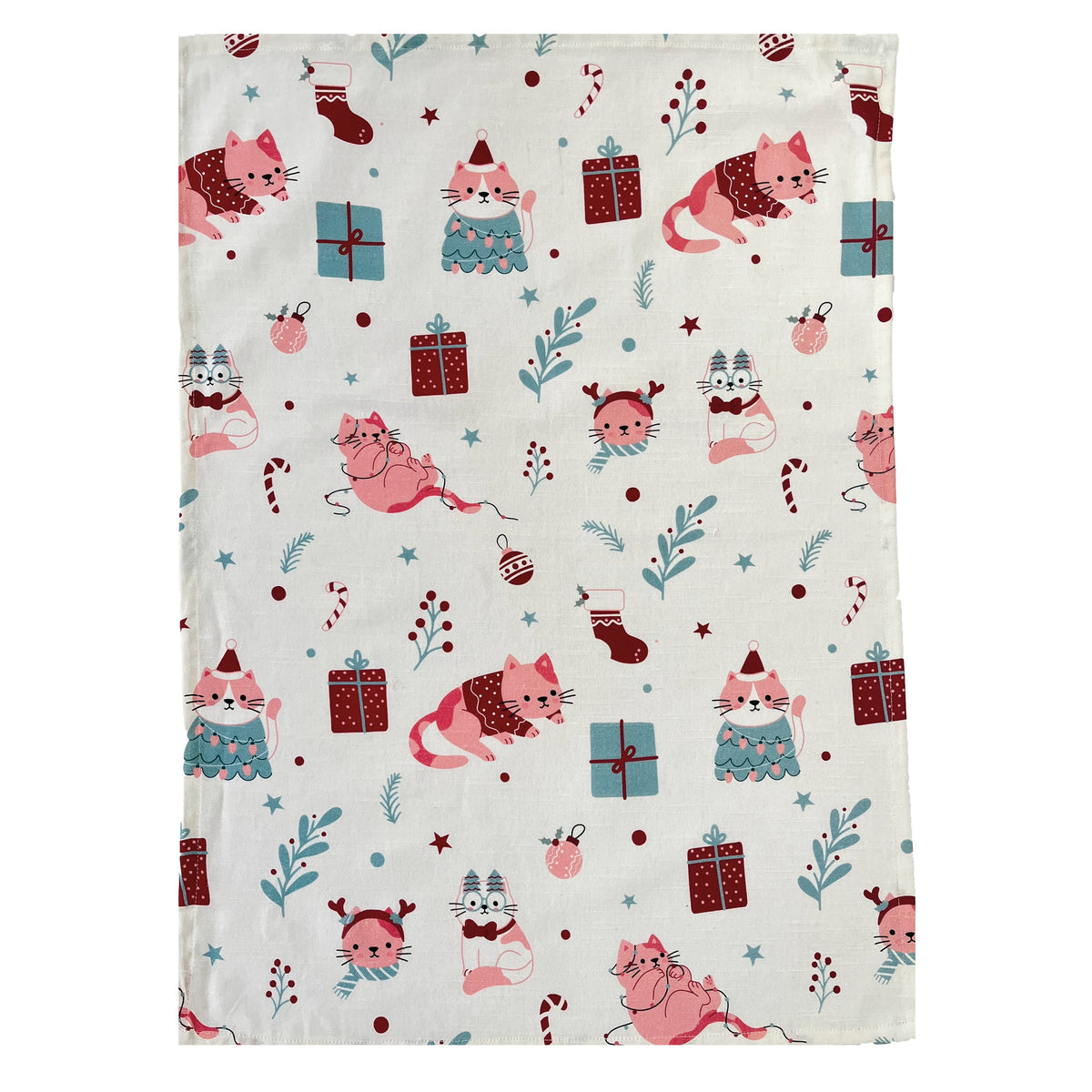 Merry Meow tea towel printed with cats in Christmas jumpers, gifts, candy canes and baubles on white