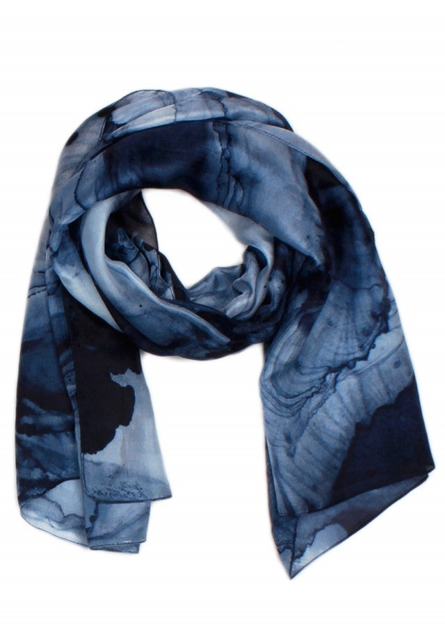 Midnight Marble silk scarf in loose folds, a marbled print in navy, slate and pale blue