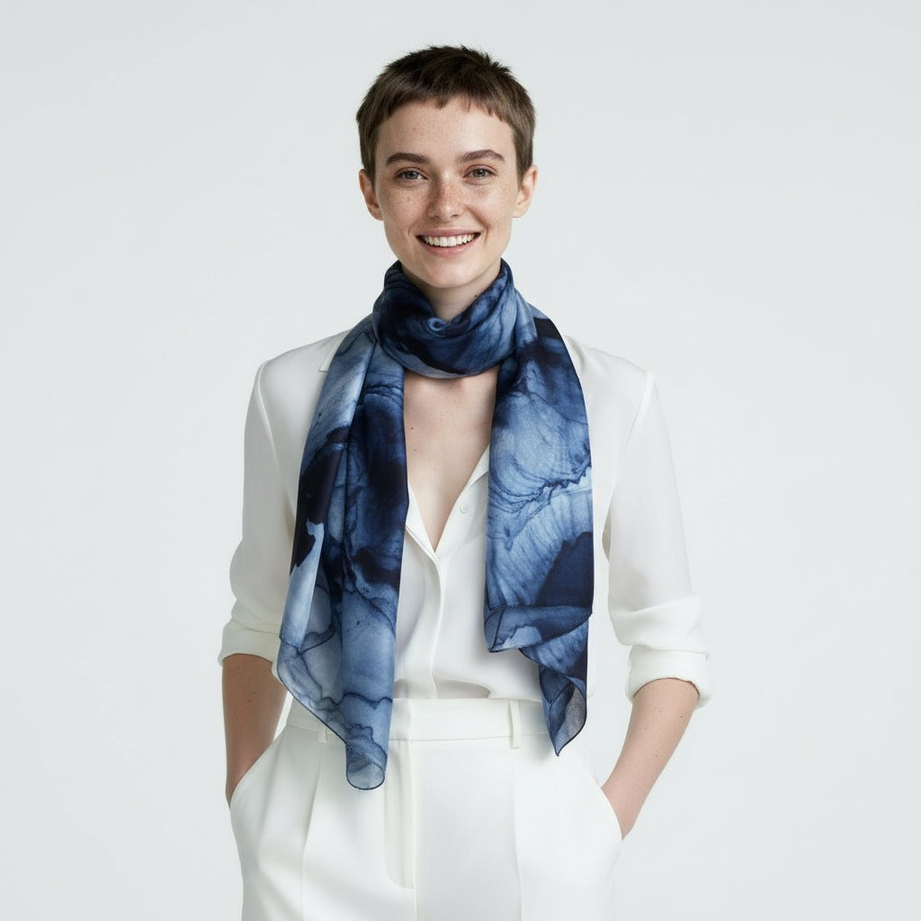 Midnight Marble silk scarf worn knotted at the neck with a white shirt