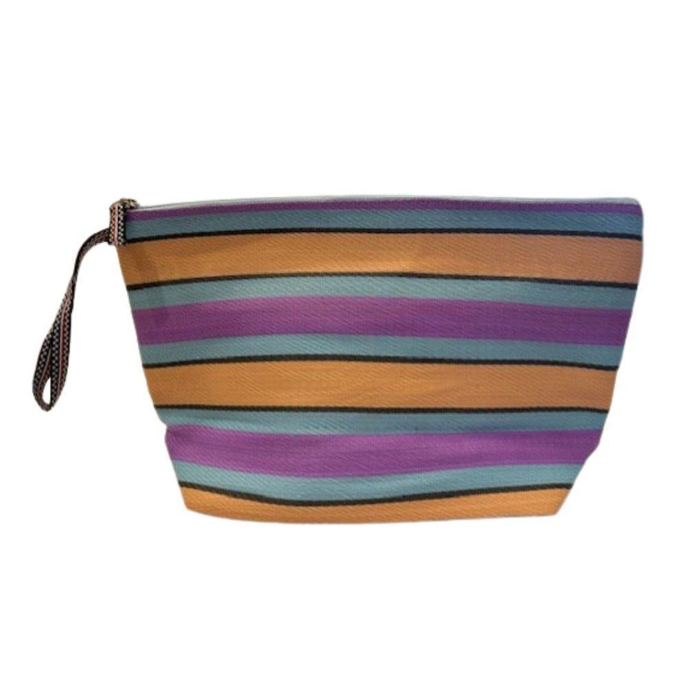 Zip pouch woven in stripes of apricot, purple and pale blue edged in black, with a ribbon zip pull.