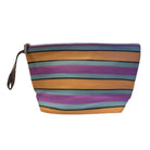 Zip pouch woven in stripes of apricot, purple and pale blue edged in black, with a ribbon zip pull.