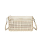 Slim pale gold perforated clutch with a front zip pocket, its strap clipped on at both ends.