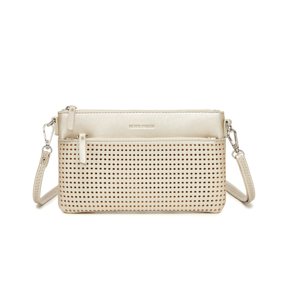 Slim pale gold perforated clutch with a front zip pocket, its strap clipped on at both ends.