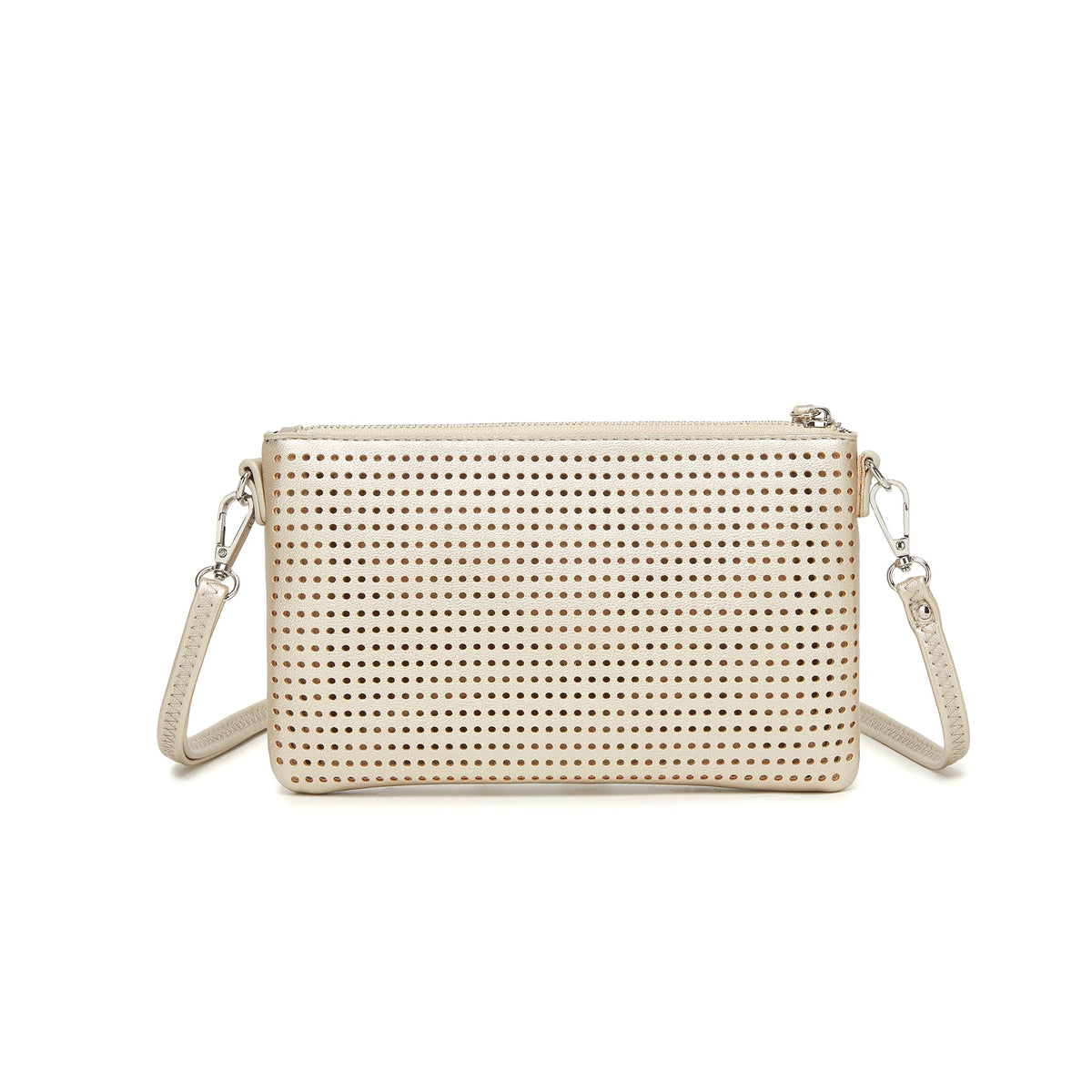 The back of the gold clutch, perforated all over.