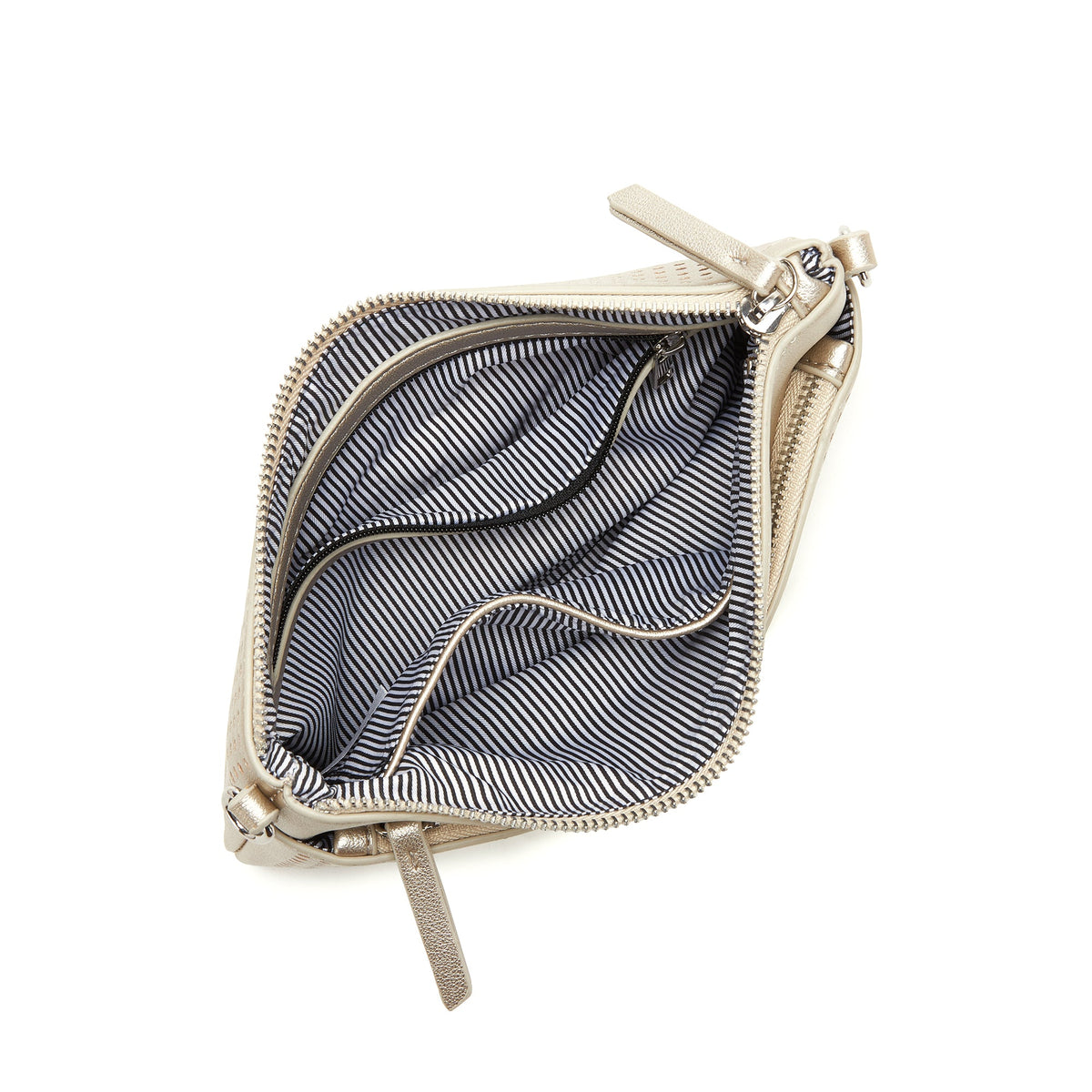 The gold clutch unzipped, showing a striped lining and a zipped inside pocket.
