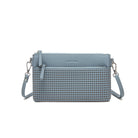 Slim dusty blue perforated clutch with a front zip pocket, its strap clipped on at both ends.