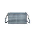 The back of the blue clutch, perforated all over.