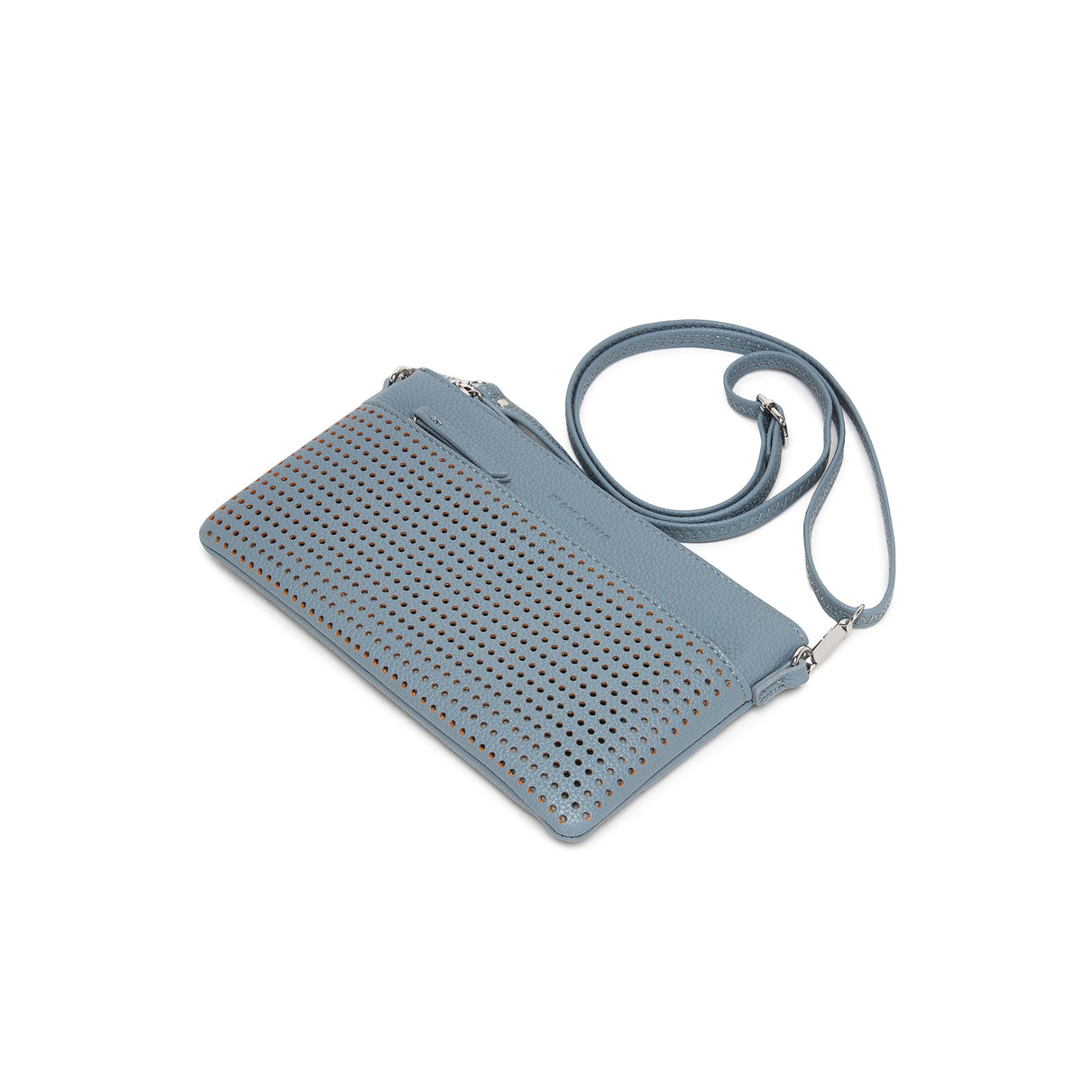 The blue clutch lying flat at an angle, with the long strap looped behind.