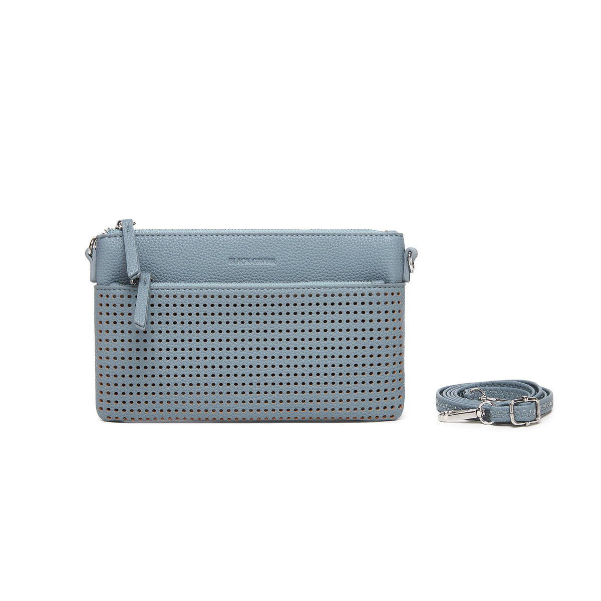 The blue clutch with a strap coiled beside it.