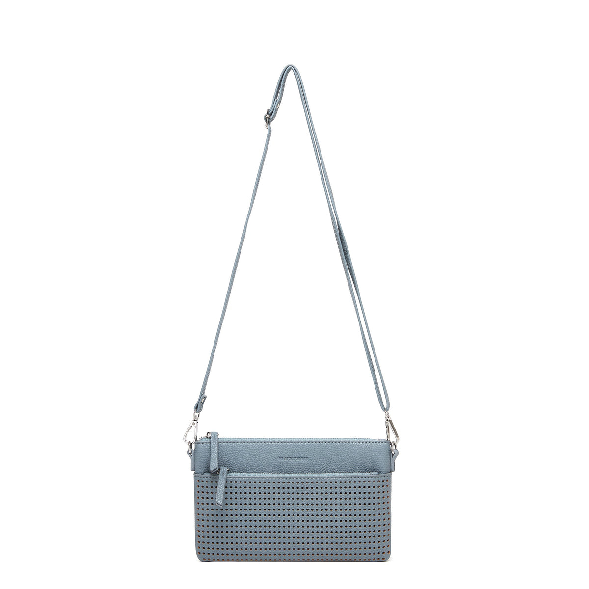 The blue clutch hanging from its long adjustable strap.