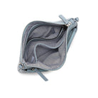 The blue clutch unzipped, showing a striped lining and a zipped inside pocket.