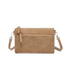 Slim light tan perforated clutch with a front zip pocket, its strap clipped on at both ends.
