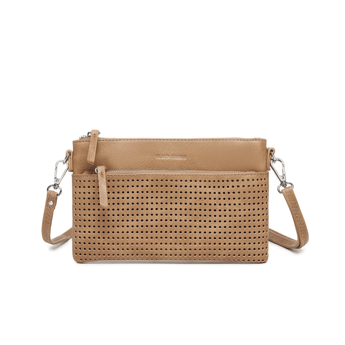 Slim light tan perforated clutch with a front zip pocket, its strap clipped on at both ends.
