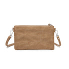 The back of the tan clutch, perforated all over.