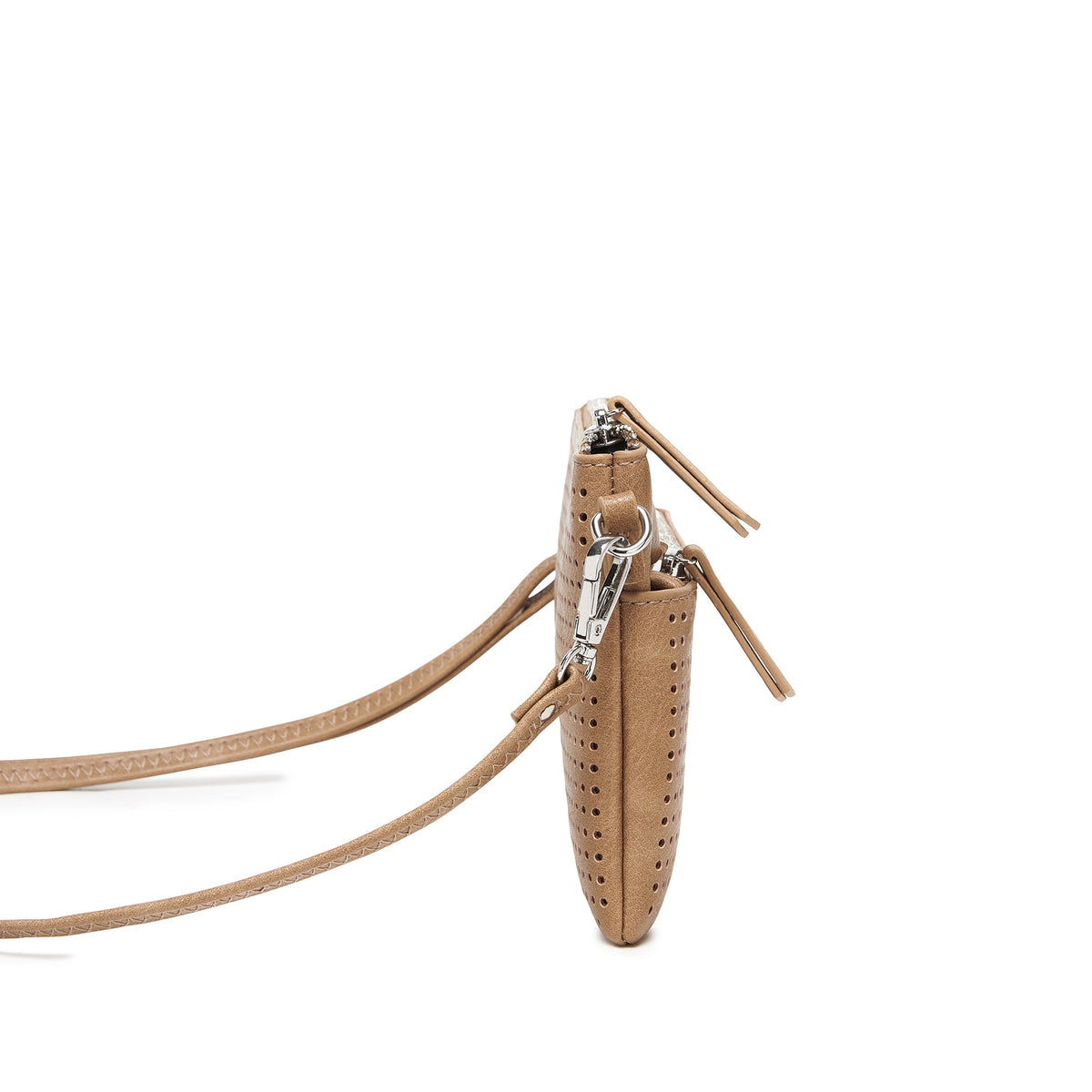 Side view of the tan clutch, showing its slim depth and strap clips.