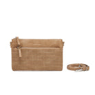 The tan clutch with a strap coiled beside it.