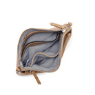 The tan clutch unzipped, showing a striped lining and a zipped inside pocket.