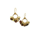 Pair of small gold-tone hoop earrings hung around the lower half with hammered gold-tone discs, below a tiny flower on a hook.